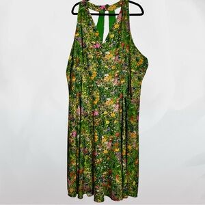 Unique Vintage (26/5X) Cottagecore Garden Floral Dress - Green - Halter, Pockets